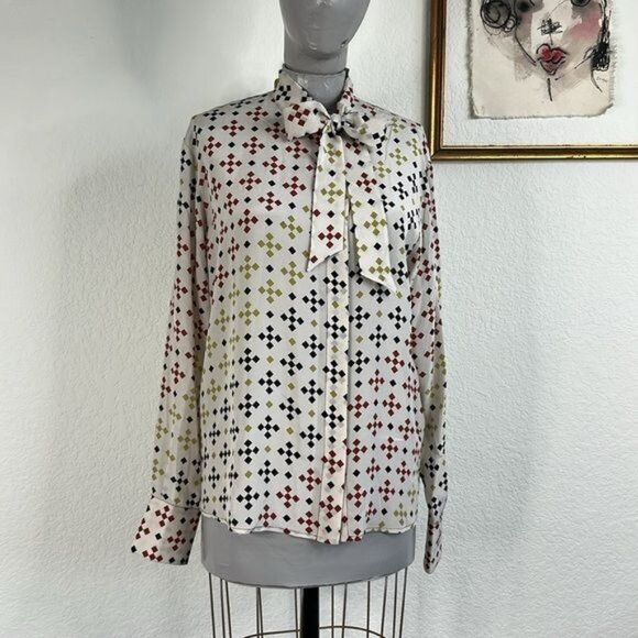 Bottega Veneta Mosaic Print Crepe de Chine Blouse Bow Tie Diamond Gradient Top